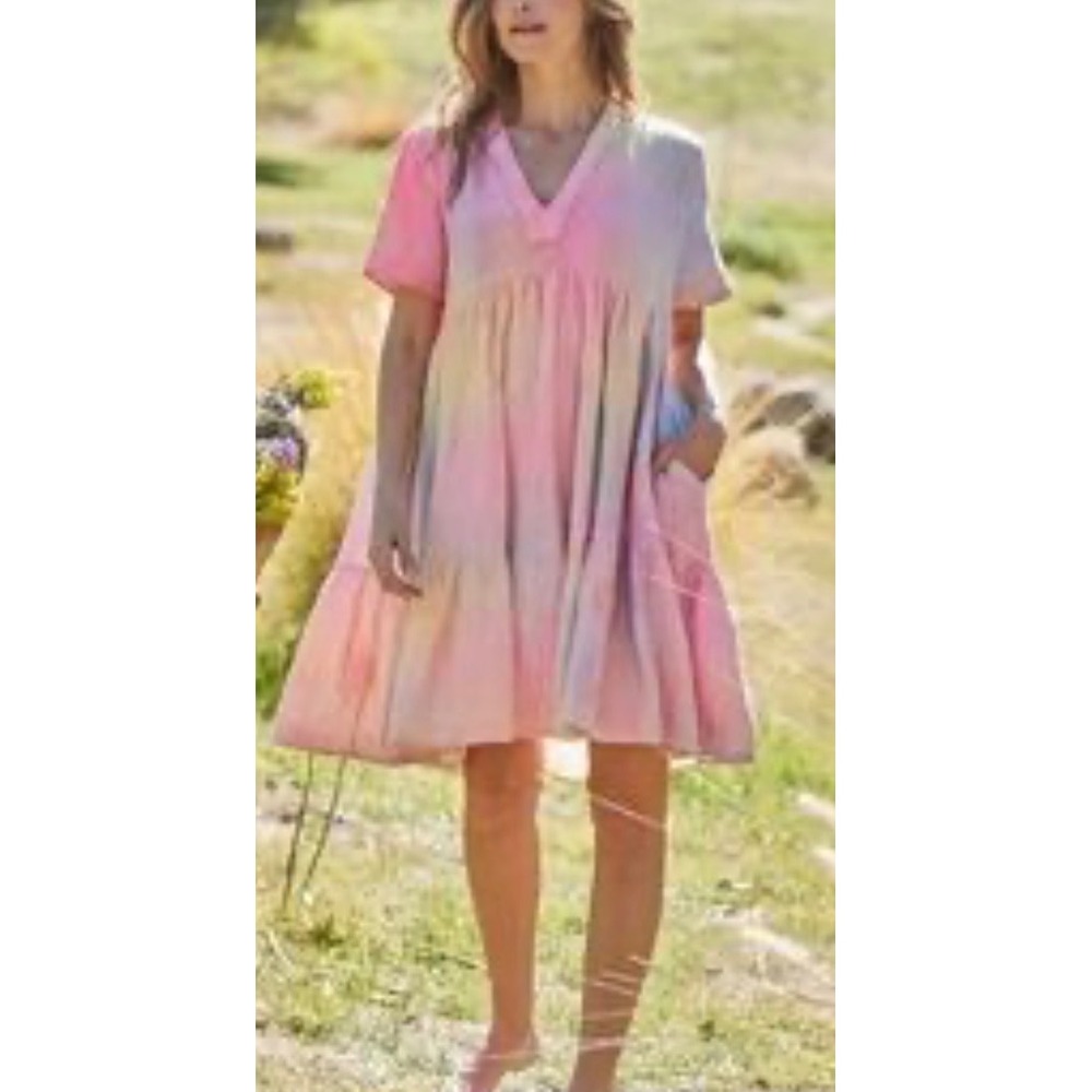 9seed Tie Dye Cotton Gauze Mini Dress Pink Yellow V-Neck Tiered Resort P/S